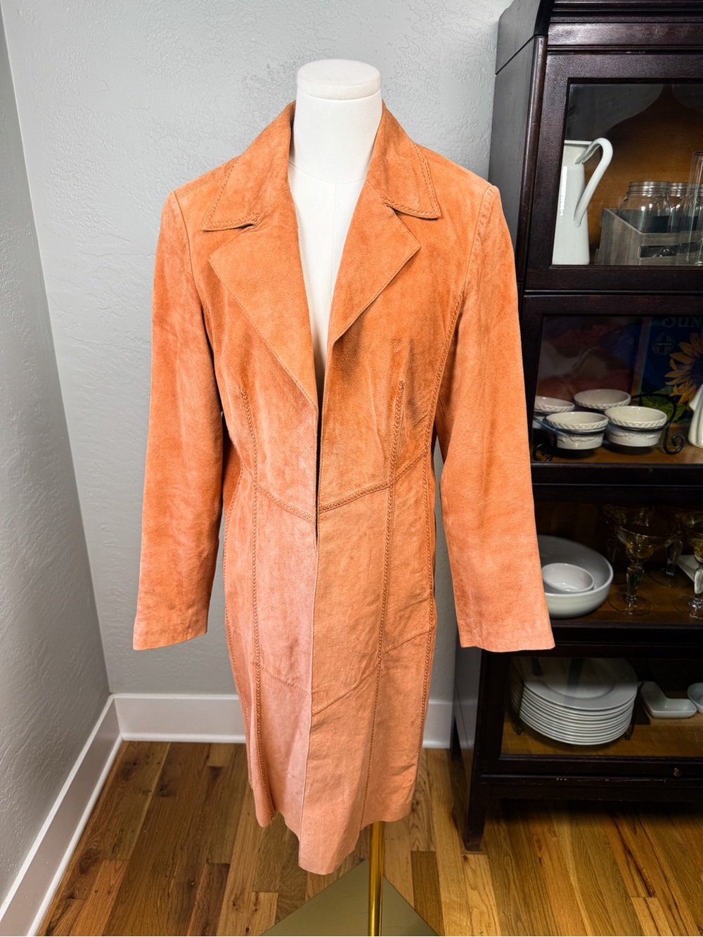 Coldwater Creek Genuine Suede Leather Long Duster Coat Cognac Size 12